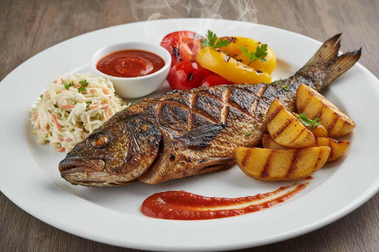 Grilled smoky Croaker fish served with grilled potatoes, Red bell peppers, Yellow bell peppers, Creamy coleslaw, House-made tomato sauce.