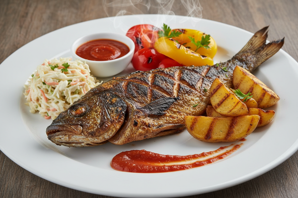 Grilled smoky Croaker fish served with grilled potatoes, Red bell peppers, Yellow bell peppers, Creamy coleslaw, House-made tomato sauce.