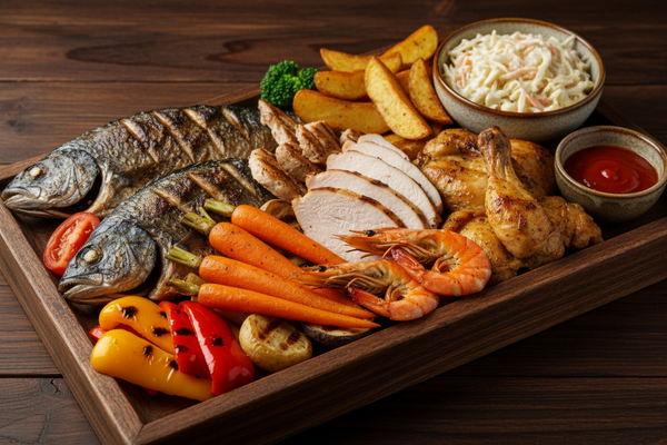 Highway 6 Platter, Texas-style. This hearty platter features succulent grilled fish, juicy turkey, tender prawns, and perfectly grilled chicken, all served with a colorful medley of potatoes, carrots, and red &amp; yellow bell peppers. Finished with our creamy coleslaw and zesty tomato sauce, it’s a feast packed with flavor for any appetite.

Sides Included:

Creamy Coleslaw

Zesty Tomato Sauce

Grilled Potatoes

Carrots

Red &amp; Yellow Bell Peppers
