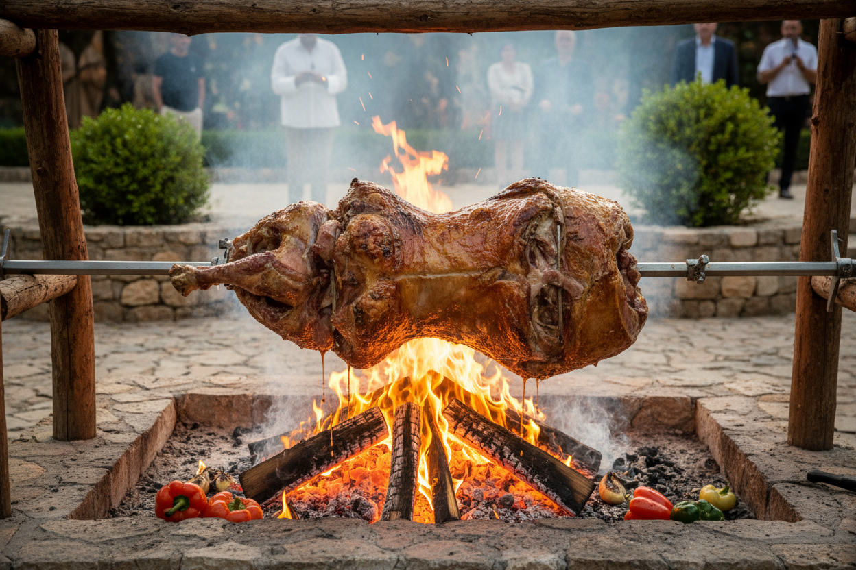Lamb on a spit whole lambs baked on a spit direct on fire