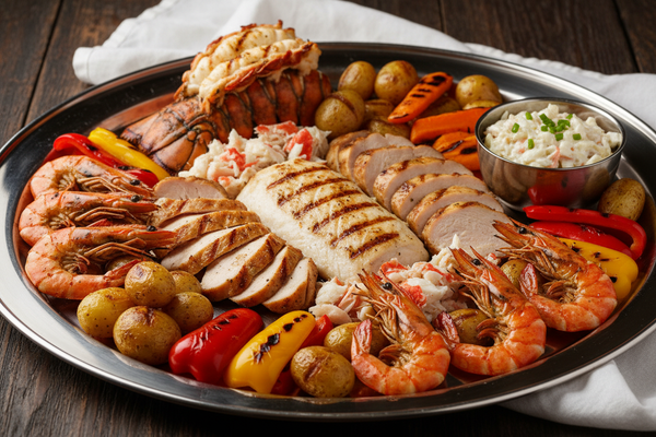 The White House Platter brings the bold, rich, all-American grill experience to your table. A luxurious combination of grilled fish, turkey, prawns, crab, and lobster tail, all fire-kissed to perfection. Served with hearty potatoes, sweet carrots, and a colorful mix of red and yellow bell peppers, this platter is built to satisfy both appetite and ambition.

Perfectly balanced, beautifully plated, and loaded with premium proteins — this is the platter that commands attention.

Served with:

Creamy coleslaw
