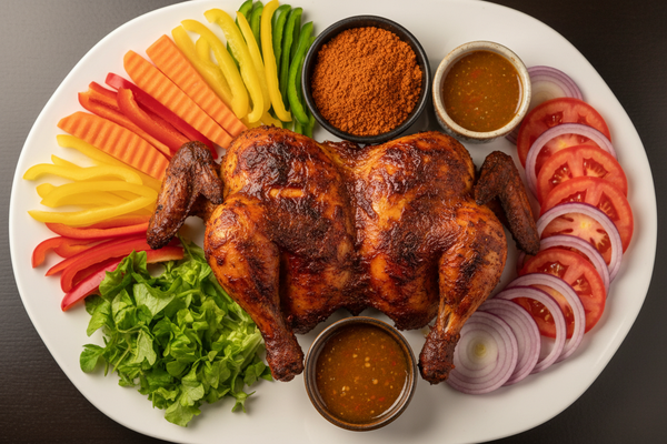 Whole chicken suya served with Fresh mixed vegetables, Signature suya pepper mix, House dipping sauce (optional, if you want to add), Sliced onions &amp; tomatoes (optional traditional sides)