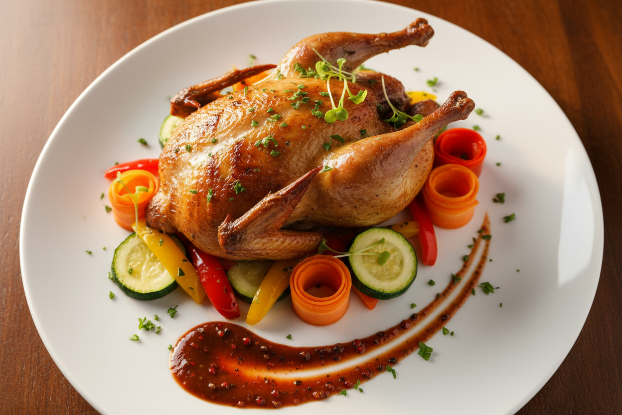 whole grilled guinea fowl served with Fresh sautéed vegetables, Signature house pepper sauce, Light seasoning garnish